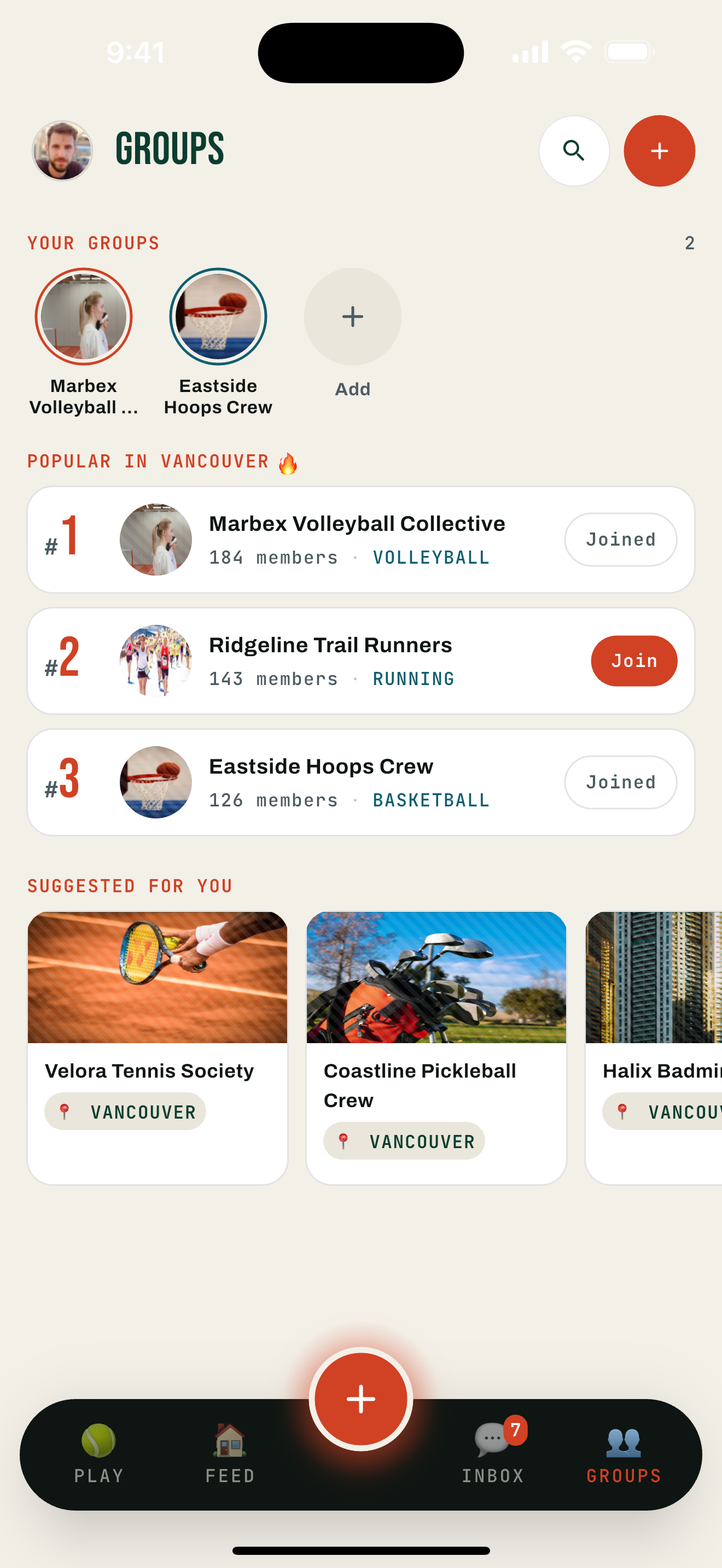 Sportster community screen showing Vancouver Volleyball and East Van Basketball groups