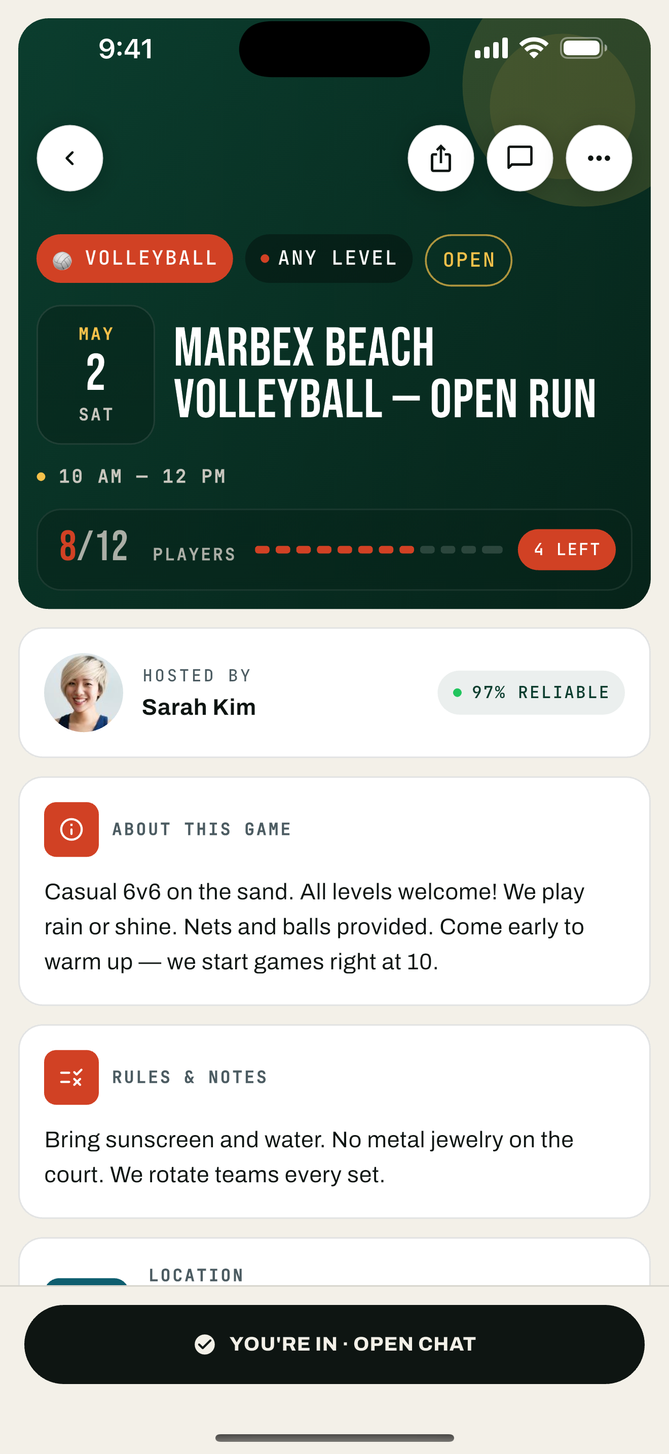 Sportster game detail showing East Van Basketball Run with player count, skill level, and venue details