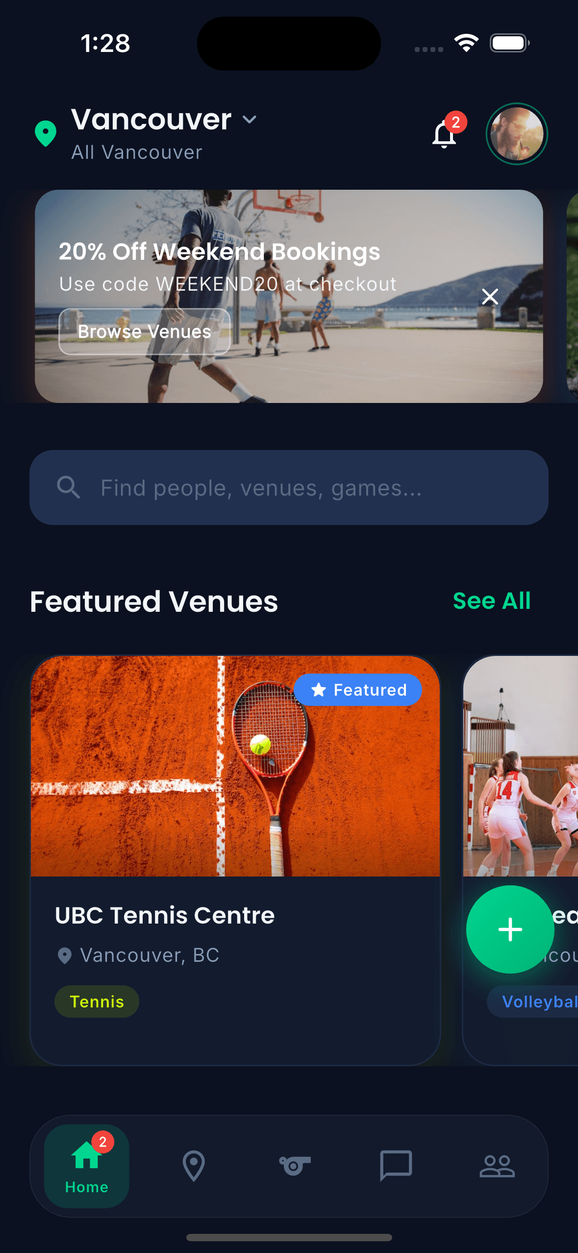 Sportster app home screen showing venue search and promotions