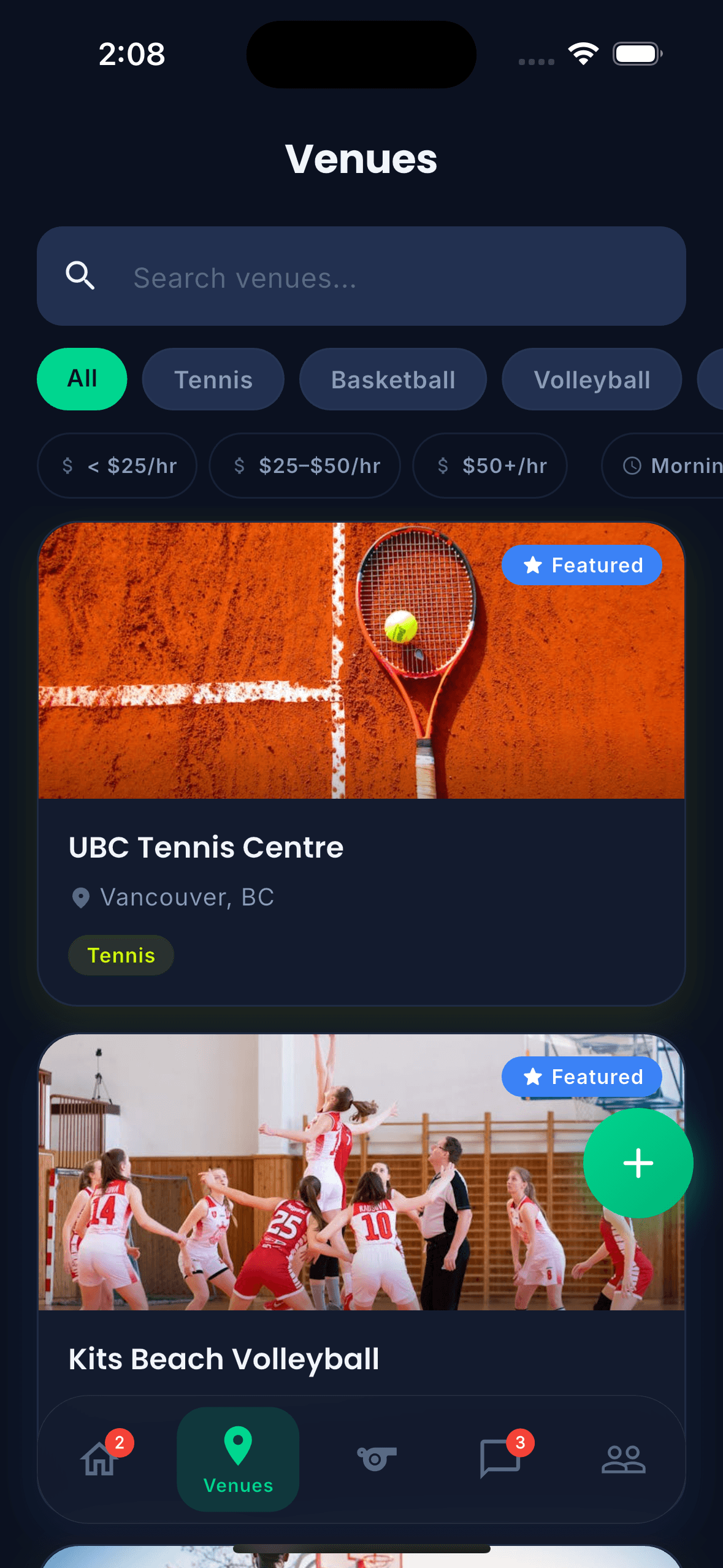 Sportster app showing venue list with real photos and sport filters